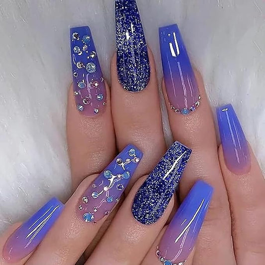 BABALAL Coffin Press on Nails Long Fake Nails with Nail Glue Blue Purple Glue on Nails 24Pcs Glitter Acrylic Nails Ballerina Stick on Nails