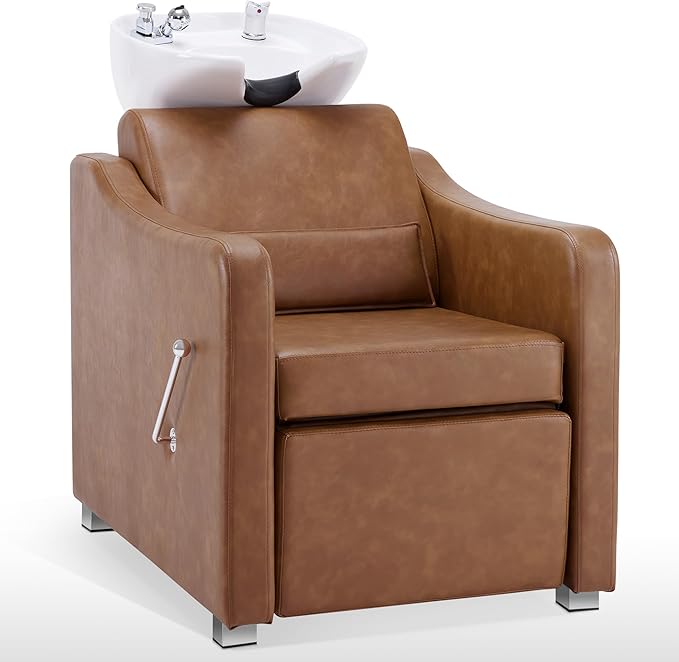 BarberPub Backwash Shampoo Station Chair, Adjustable Porcelain Ceramic Hair Wash Bowl with Chair, Shampoo Station for Barber Shop, Spa Beauty Salon Equipment 9364 (Brown)