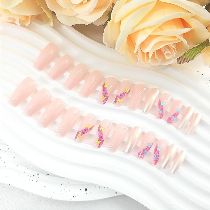 Coffin Press on Nails Medium Fake Nails Light Pink Glue on Nails Butterfly Sequins Glitter Design False Nails Press ons Glossy Full Cover Acrylic Nails Artificial Stick on Nails for Women Girls 24Pcs