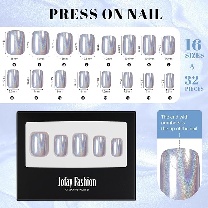 Press on Nails Short, Jofay Fashion Soft Gel Fake Nails, Rainbow Laser Purple Press on Nails, Reusable & Natural Acrylic False Nails, Stick on Nails for Women Girls Gift, Glue on Nails Kit 32 Pcs