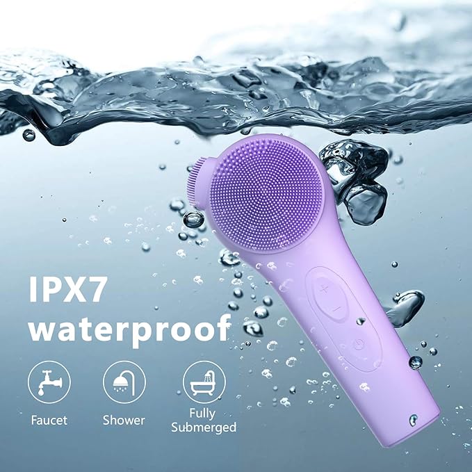 Silicone Face Scrubber, Waterproof Rechargeable Facial Cleansing Brush, 5 Cleansing Modes with Nose Brush for Women & Men Electric Face Wash Brush for Deep Cleaning Exfoliating, Massaging Purple