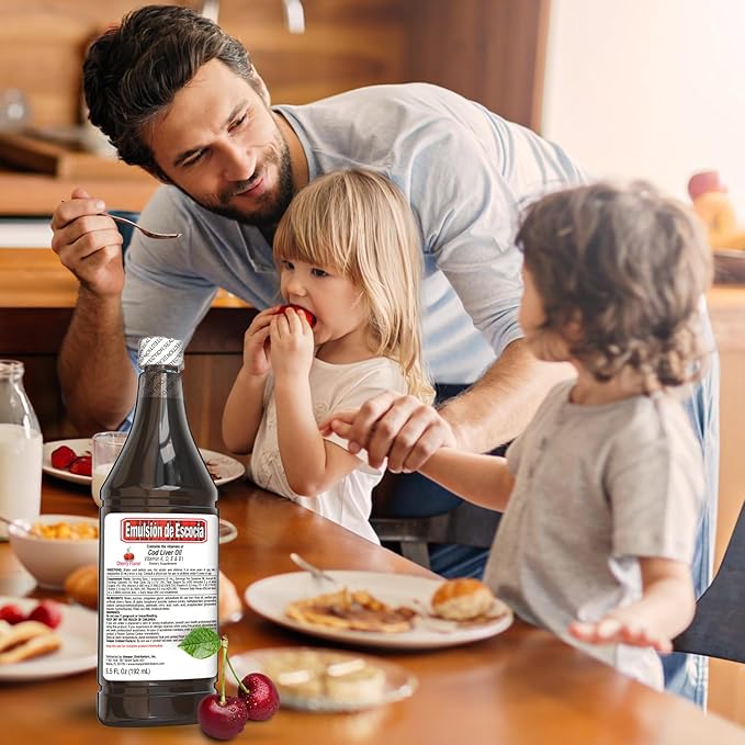Emulsion de Escocia Cherry Flavor with Vitamins and Cod Liver Oil for Kids and Adults | Pleasant Taste | Immune and General Wellness Support | 6.5 Oz | 3-Pack