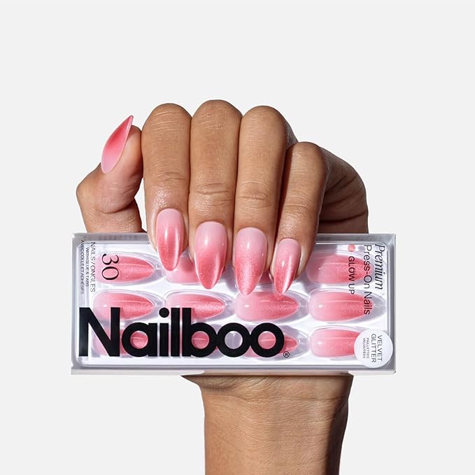 Nailboo Press On Nails, Salon-Quality Reusable Fake Nails for Fast DIY Manicure with Strong Hold Nail Glue for Press Ons, Nail File, & Alcohol Prep Pads, Glow Up