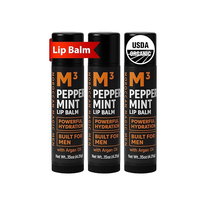 Moroccan Magic Men M3 Organic Peppermint Lip Balm 3 Pack | Ultra-Hydrating & Moisturizing | Natural Mint Lip Repair for Dry Lips | Non-Toxic | Organic Lip Balm for Men