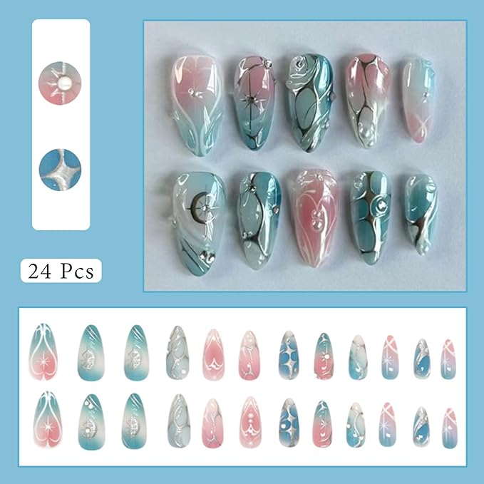 24Pcs Blue Press on Nails Medium Almond Fake Nails with Irregular Sliver Lines Design Pink Blue Gradient Glossy Full Cover Acrylic False Nail Tips Star Peal Glue on Nail for Women Manicure