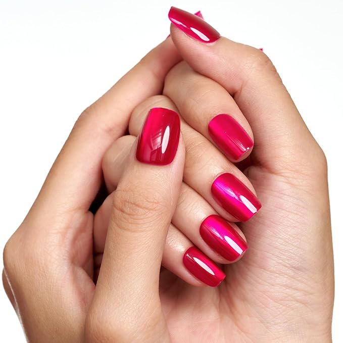 GLAMERMAID Hot Pink Press on Nails Extra Short Square, Handmade Magnet Cat Eyes Glitter Jelly Gel Fake Nail Kits, Magnetic Glue on Nail Reusable Acrylic False Nails Manicure Kits for Women