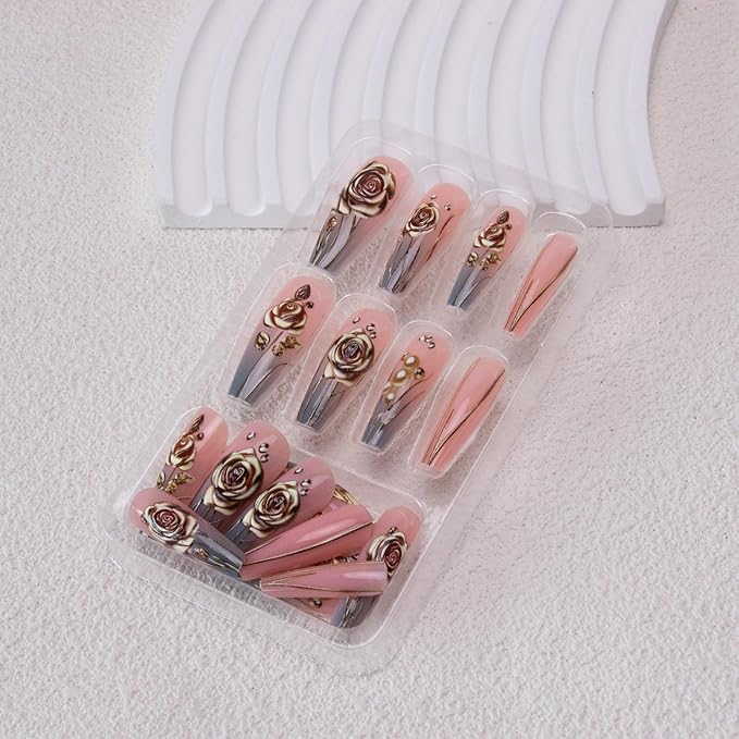 Coffin Press on Nails Medium Square Fake Nails 3D Flower Acrylic Nails Ombre Line Designs Glossy False Nails Glue on Nails Spring Artificial Nails for Women Girls Manicure 24Pcs