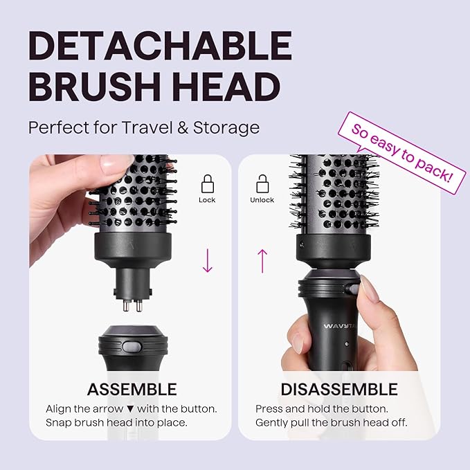 Wavytalk Thermal Brush, 1 1/2 inch Heated Round Brush with Detachable Head, Velvet Pouch and Dual Voltage for Travel, Easy to Create Blowout Look, Classic Black