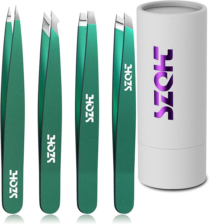 Professional Tweezers Set for Eyebrows – 4PC Precision Stainless Steel Tweezers Kit with Slant, Pointed & Flat Tips – Eyebrow Hair Removal Tool for Women & Men – Eco-Friendly Paper Tube Packaging