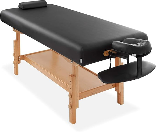 Saloniture Professional Stationary Massage Table - Includes Shelf, Headrest, Face Cradle and Bolster - Black