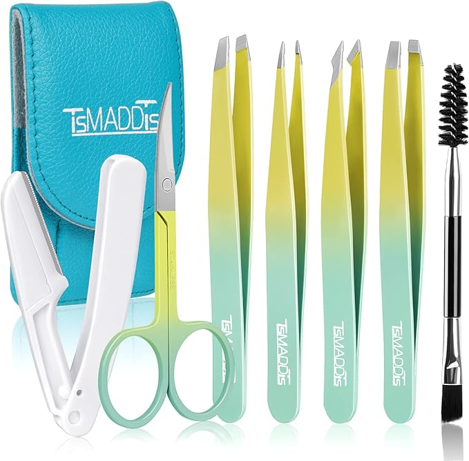 TsMADDTs 7PCS Tweezers Set for Women Facial Hair, Precision Tweezer for Eyebrows with Curved Scissor and Eyebrow Razor for Ingrown Hair, Yellow&Green