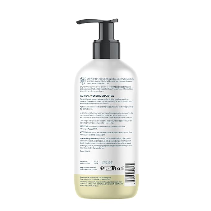 ATTITUDE Moisturizing Hand Soap for Sensitive Skin Enriched with Oat and Argan Oil, EWG Verified, Plant and Mineral-Based Ingredients, Vegan & Cruelty-free, 16 Fl Oz