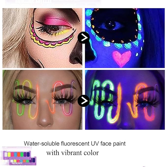 MEICOLY 2 Packs Water Activated Eye Liner Palette,Neon Face Paint Colored Retro Hydra Liner,Water Activated Eyeliner,Matte Graphic Eyeliner,UV Blacklight Glow Black White Face Body Paint,16 Colors