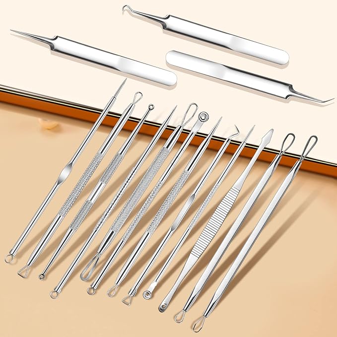 15 PCS Pimple Popper Tool Kit,Blackhead Remover Comedone Extractor Tools,Professional Pimple Comedone Extractor,Stainless Steel Skin Blemish Removal Acne Tools for Forehead Nose Face with Metal Case