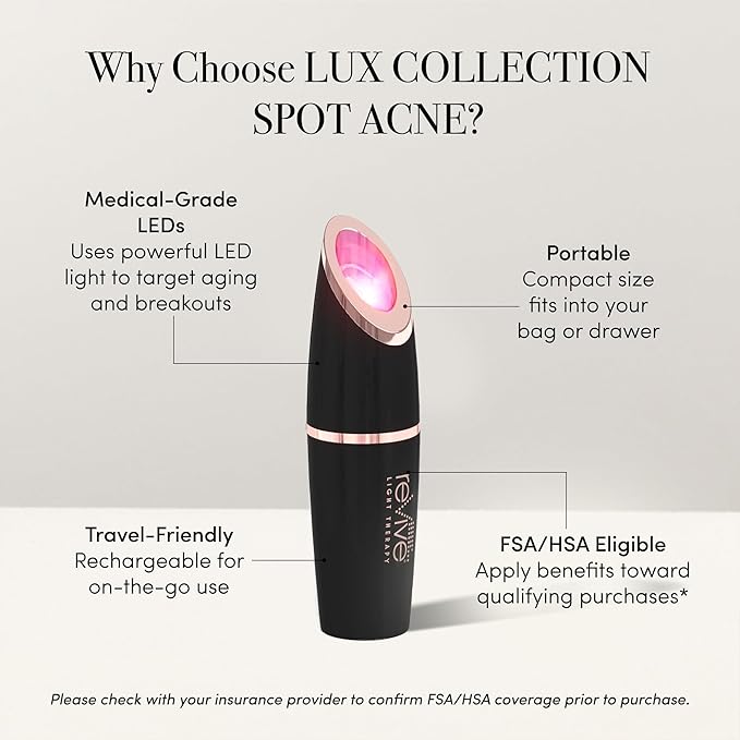 reVive Light Therapy Lux Collection Spot Acne Device, Portable Red & Blue Light LED Therapy Products for Blemish-Prone Skin, Rechargeable, On-The-Go Face Tools for Skincare, Black