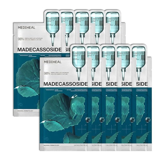 Mediheal Madecassoside Essential Sheet Mask Blemish Repair 10 pcs. 98% Purity Madecassoside & Hyaluronic Acid Included. Enhancing Moisture Barrier & Skin Texture Care. Vegan Formula Sheet Mask