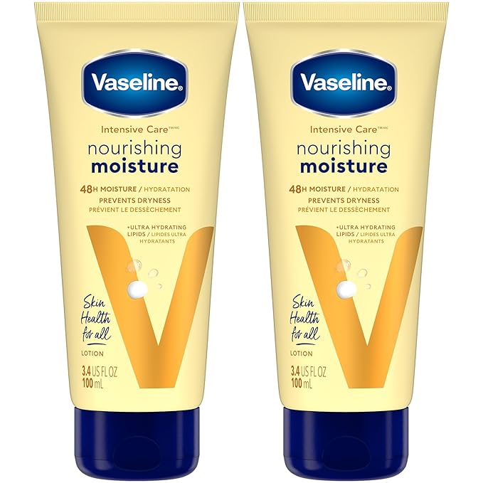 Vaseline Lotion, Intensive Care Nourishing Moisture 2-Pack – Moisturizer with Oat Extract + Ultra-Hydrating Lipids for Healing Extremely Dry Skin, 3.4 Oz Ea