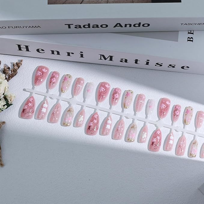 30Pcs Pink Press on Nails Medium Almond Fake Nails Summer Pink Peach Blossom Designs Cute Cat Bow False Nails Full Cover Acrylic Stick on Nails Artificial Glue on Nails for Women Nail Decoration