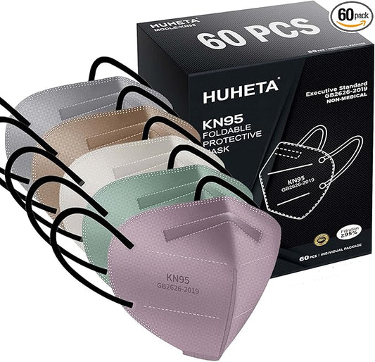 HUHETA KN95 Face Masks, Packs of 60 Individually Wrapped KN95 Mask 5-Ply Breathable Protective Masks, Morandi Multi Color