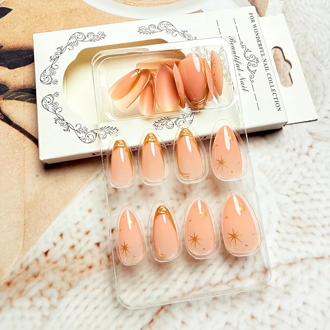 Gold French Tip Press on Nails Almond Medium Length Fake Nails with Star Designs Glossy Nude False Nails Full Cover Glue on Nails Gold Acrylic Nails Press on French Nails for Women Manicure 24Pcs