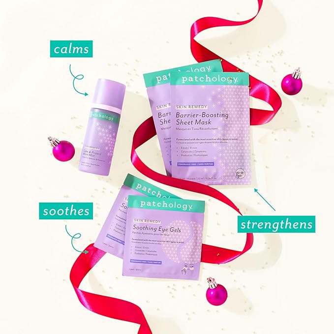 Patchology Cozy Comforts Holiday Skincare Gift Set - Soothing Under Eye Patches, Barrier-Boosting Hydrating Sheet Masks & Calming Mist - Winter Skincare Kit for Glowing Skin (Limited Edition)