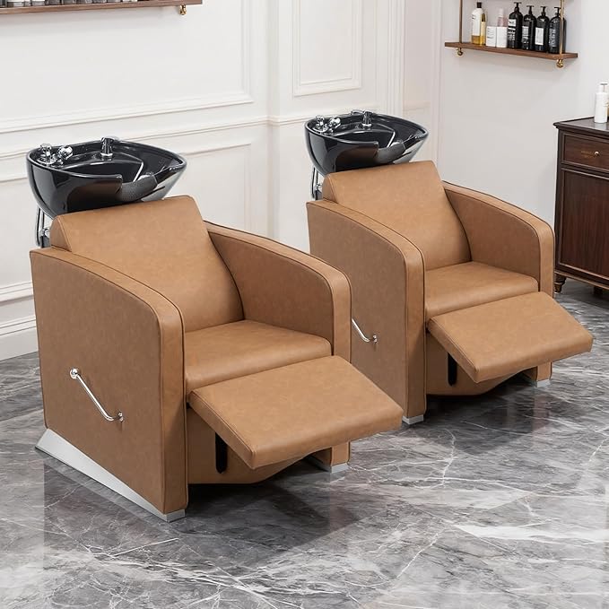 OmySalon Backwash Shampoo Unit for Salon, Hair Washing Station with Ceramic Bowl Adjustable Footrest, Reclining Shampoo Chair for Beauty Spa Barbershop