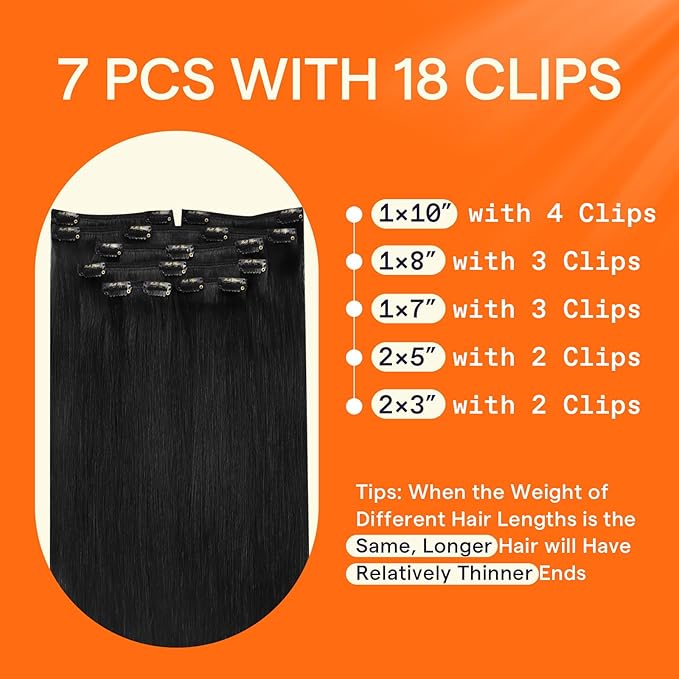 Full Shine Black Clip in Hair Extensions Real Human Hair Jet Black Hair Extensions Human Hair Clip ins Triple Weft Clip in Extensions for Women Straight Natural Hair 7 Pcs 18 Inch