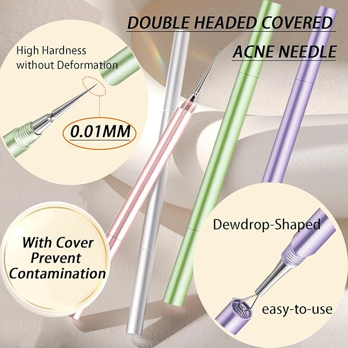 2-in-1 Professional Stainless Steel Acne Removal Needle, Whitehead & Blackhead Remover Tool, Pimples Comedone Extractor Removal Tool, Double Ended Needle with Cap Removal for Nose Face Tools(Sliver)