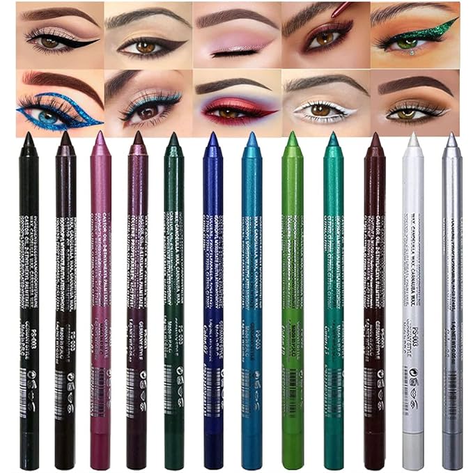 evpct 12Pcs Green Blue White Black Brown Purple Color Gel Glitter Eyeliner Pencils Set for Women Waterline Waterproof Smudge Proof lapiz de ojos delineador de ojos contra el agua Eye Liner Makeup 1