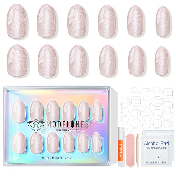 modelones Cat Eye Press on Nails, Short Oval Fake Nails Kit Press Ons with Nail Glue, Adhesive Tabs, Nail File, Prep Pad, Manicure Stick, 32Pcs 16Sizes, Christmas
