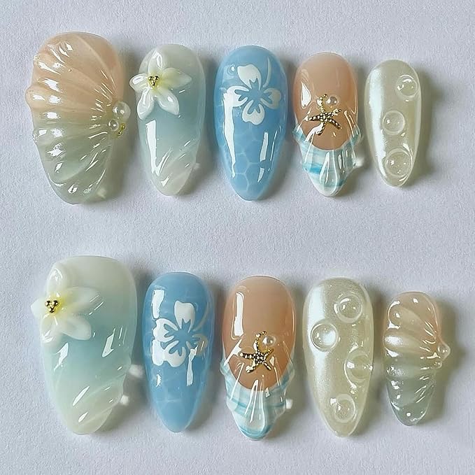 30Pcs Summer Press on Nails Medium Almond Fake Nails 3D White Flower Starfish Rhinestones Glitter Designs Full Cover Blue Glue on Nails French Tip False Nails for Women Girls Acrylic Nail Decorations