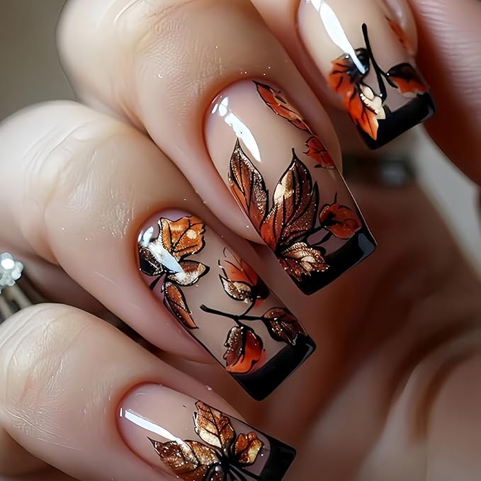 24 Pcs Black French Tips Press on Nails Medium Square Fall Fake Nails with Glitter Leaf Designs Maple Leaves Autumn Nail Art Full Cover Glue on Nails Glossy Reusable Artificial Acrylic Nails for Women