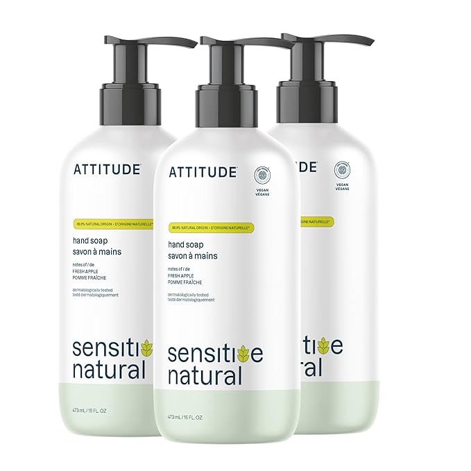 ATTITUDE Hand Soap for Sensitive Skin with Oat and Avocado Oil, EWG Verified, Dermatologically Tested, Vegan, Fresh Apple Scent, 16 Fl Oz (Pack of 3)