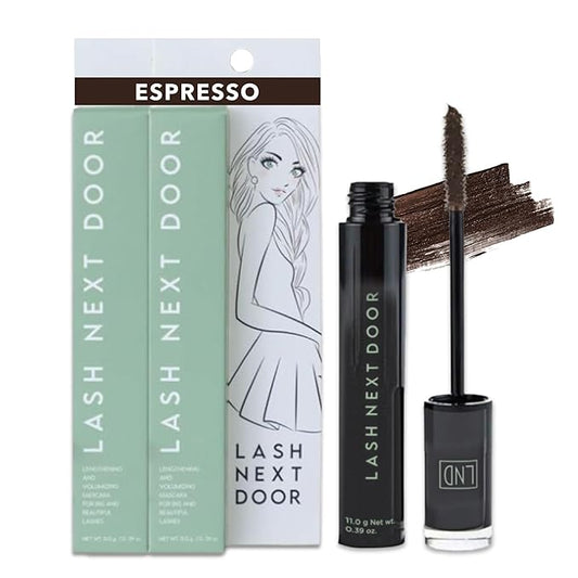Lash Next Door Espresso Brown Volumizing Mascara, Lengthening No-Clump Formula, Smudge-Proof Makeup for Eyes, 2 Pack, 0.39 oz Each