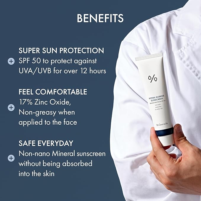 Dr.Ceuracle Hydra Barrier Mineral Sunscreen Broad Spectrum SPF 50 - Korean Sunscreen with Zinc Oxide and Hyaluronic Acid, Dewy Glow (50 ml / 1.69 fl. oz.)