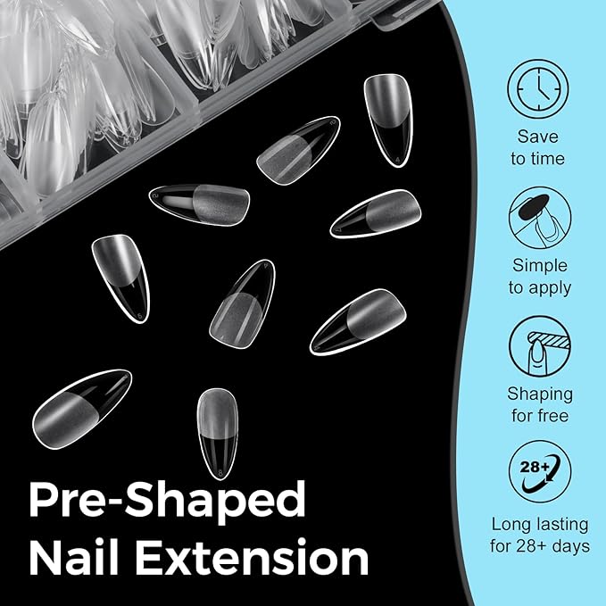 TOMICCA Almond Gel Nail Tips, Half Matte Pre Shaped No Filing Medium Almond Nail Tips, 240 Pcs Gel Tips 12 Sizes, Clear Acrylic Tips for Nail Art, Nail Extension at Home, For Beginners