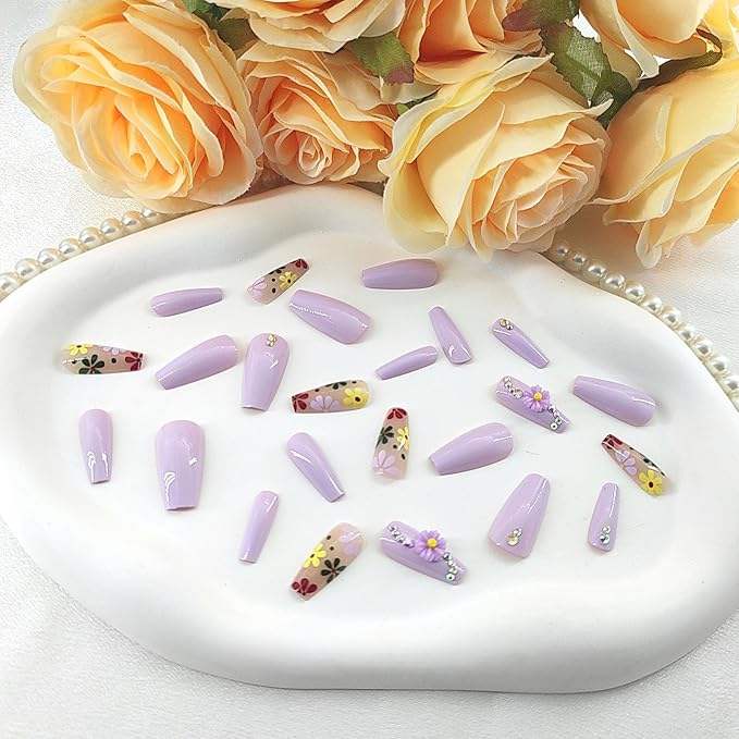 Coffin Press on Nails Medium False Nails Glossy Glue on Nails with 5D Flower Rhinestones Design Floral Coffin Nails Press ons Purple Full Cover Fake Nails Cute Stick on Nails for Women 24Pcs