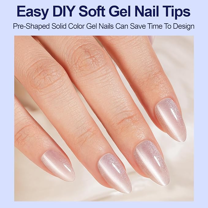 240Pcs Cat Eye Press on Nails Medium Almond, Plauva Soft Gel Fake Nails, Glossy Glitter Cat Eye Nail Tips for Women and Girls Stick On Nails in 12 Sizes