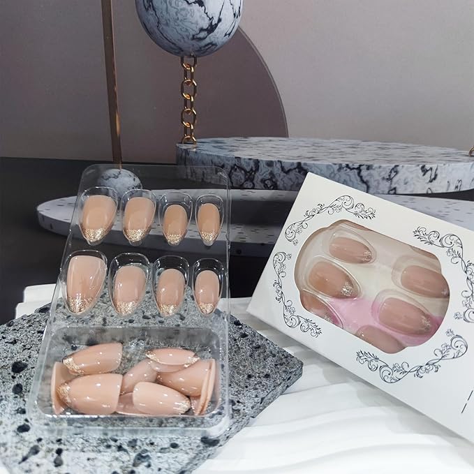 French Tips Medium Almond False Nail Simple Press on Nails Glossy Gold Glitter Stick on Nail 24Pcs Sparkly Gel Glue on Fingernails Acrylic Full Cover Fake Nails for Holiday Manicure Art