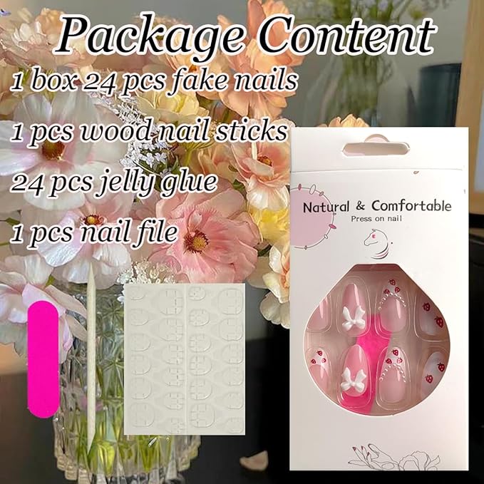 24Pcs French Tip Press on Nails Short Almond Fake Nails with Pearl Spring Glue on Nails Bow Charms False Nails Strawberry Acrylic Nails Cute Stick on Nails Fruit Full Cover Artificial Nails for Women