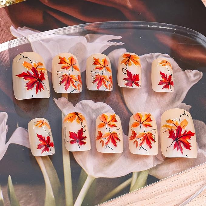 Fall Press on Nails Short Maple Leaf Fake Nails Glossy Full Cover Thanksgiving Glue on Nail Maple Leaves Acrylic Nails Autumn False Nail Square Stick on Nail for Women Holiday Manicure Tips 24Pcs
