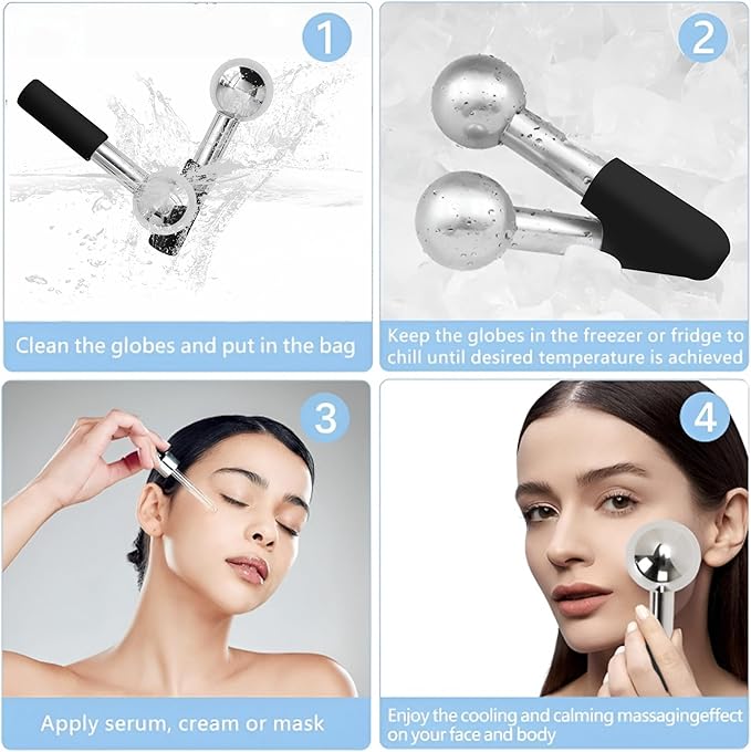 Ice Globes for Face Eyes, Unbreakable Stainless Steel Cool Massagers for Skincare Routines, Multifunctional Cold Roller Cooling Globes for Puffiness, Sagging Skin, Fine Lines Facial Relaxation (Black)