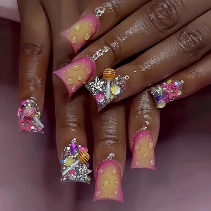 Duck Press on Nails Medium Fake Nails with Candy Star Rhinestones Charms Designs Gradient Nails Press ons Pink Acrylic Nails for Women 24Pcs