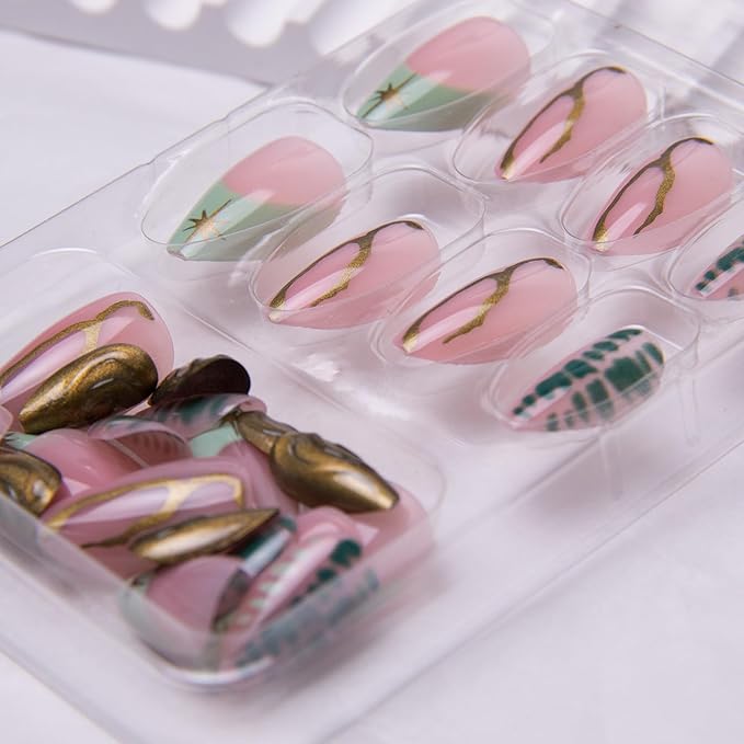 Almond Press on Nails Medium Length Fake Nails Green French Tip False Nails Gel Glue on Nails 3D Gold Curve Line Acrylic Nails Star Stick on Nails for Coquette Women Girls Manicure 24Pcs