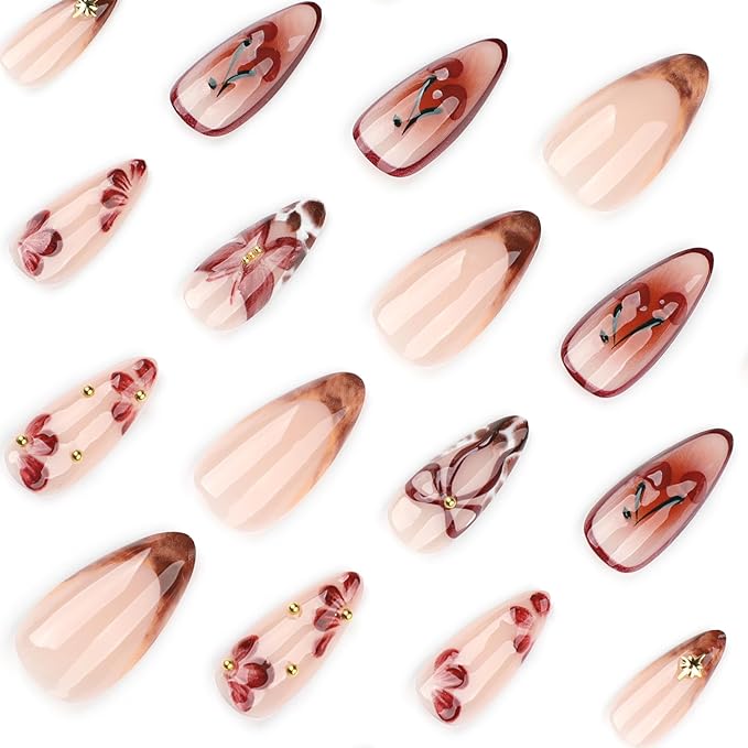 Brown French Tip Press on Nails Medium Almond Fake Nails with 3D Flower Butterfly Designs Nude Glossy Acrylic False Nails Red Cherry Glue on Nail Cute Bow Stick on Nail for Women 24Pcs