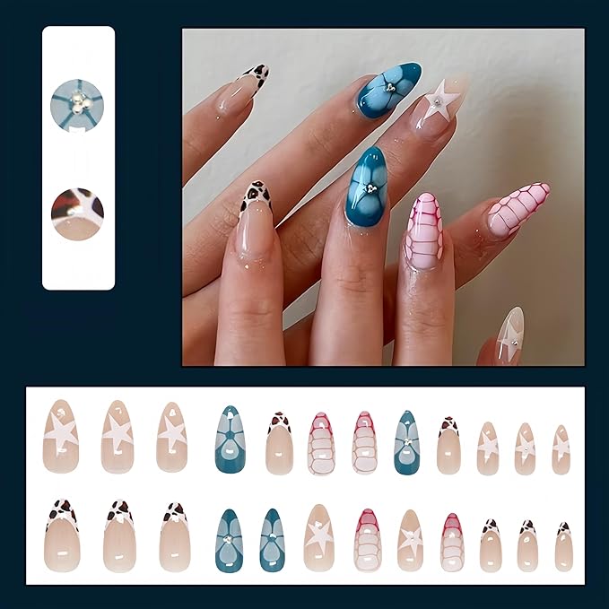 24Pcs French Press on Nails Almond Medium Fake Nails with Star Designs Brown Leopard Stick on Nails Flower Acrylic Nails Turtle Pattern Pattern Nails Glossy Glue on Nails Stick on Nail for Women