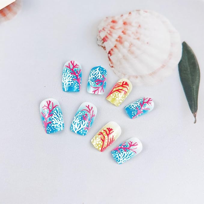 Summer Press on Nails Medium Square Fake Nails Ocean False Nails Pink Coral White Polka Dots Blue Gradient Design Summer Full Cover Reusable Stick on Nail for Women Decoration Nail Art