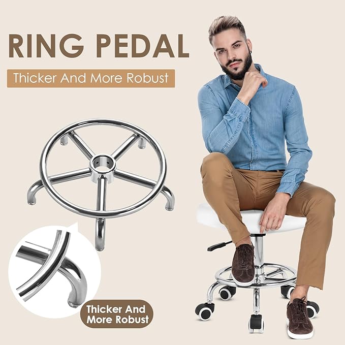 Rolling Stool Wider Rectangular Cushion-Provides a Comfortable, Stable Support Surface with Loop Footrest for Leg Support,Adjustable Stool with Wheels for Salon Tattoo Massage Office Home (White)