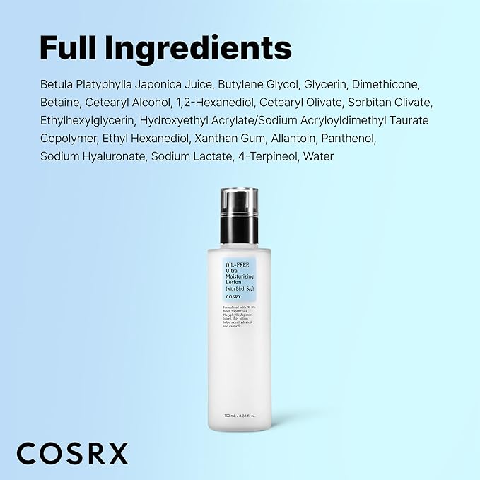 COSRX Oil Free Lotion with Birch Sap, Daily Acne Facial Moisturizer, Hydrating Moisturizer for All Skin Types, Korean Skin Care, Paraben free, Stocking Stuffers, Gifts For Women3.38 fl.oz / 100ml