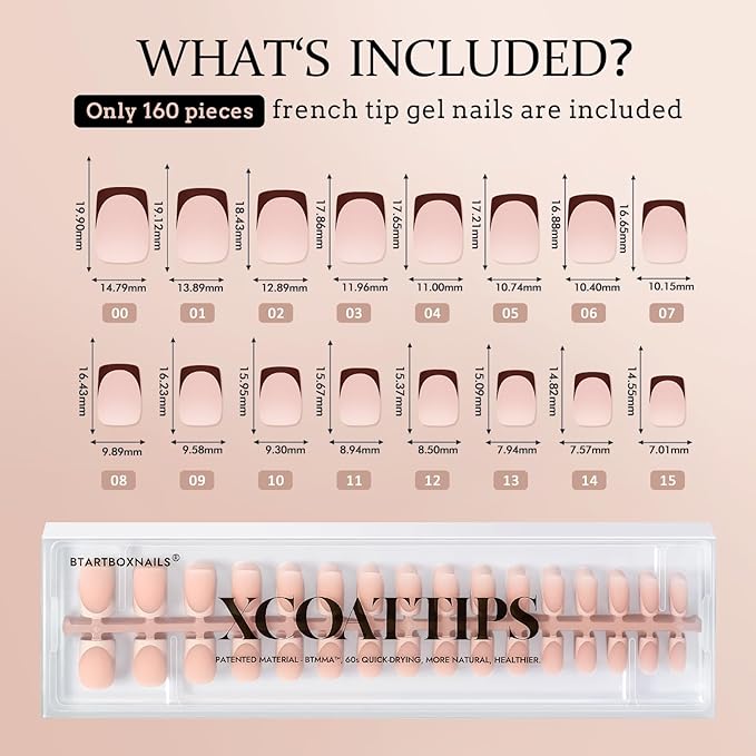BTArtboxnails XCOATTIPS French Tip Press on Nails - Fall Fake Nail Short Square Nail Tips, Skin Tones Soft Gel Nails False Nail, Soak Off Acrylic Nails Extensions